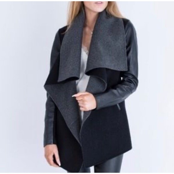 BCBGMAXAZRIA Double Faced Wool & Lamb Leather  Sleeves Open Front Black Coat XXS - Picture 1 of 8